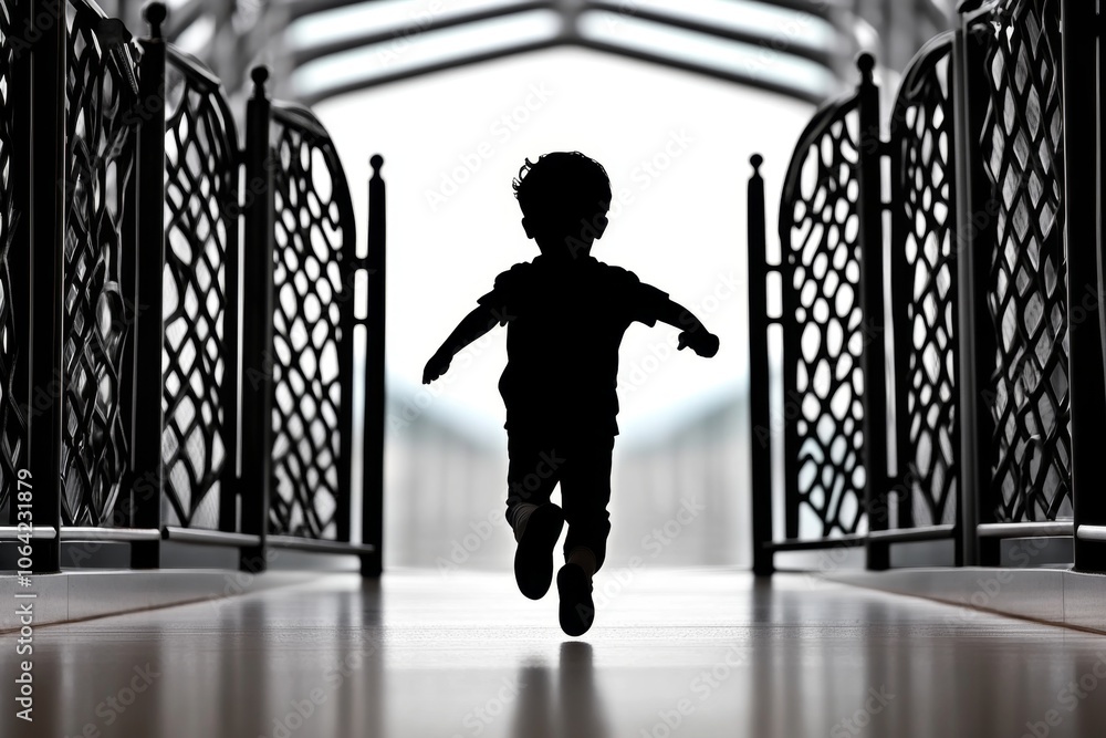 Poster Silhouette of a person running toward an open gate, with clean lines and a white background, capturing the simplicity of freedom