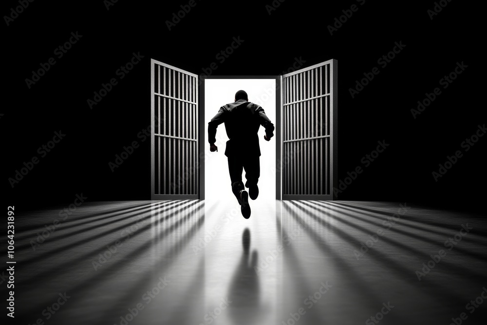 Poster Silhouette of a person running toward an open gate, with clean lines and a white background, capturing the simplicity of freedom