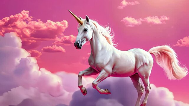 Majestic White Unicorn Galloping Through Dreamy Pink Clouds Under Sparkling Sky Envisioning Fantasy and Magic