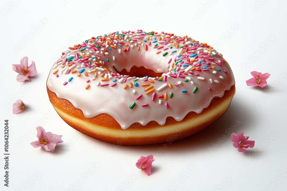 Poster simple drawing of a frosted doughnut with colorful sprinkles, on a white background, capturing a pla