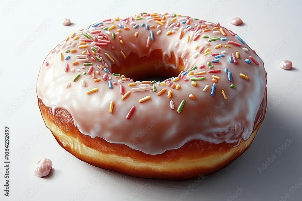 Poster simple drawing of a frosted doughnut with colorful sprinkles, on a white background, capturing a pla