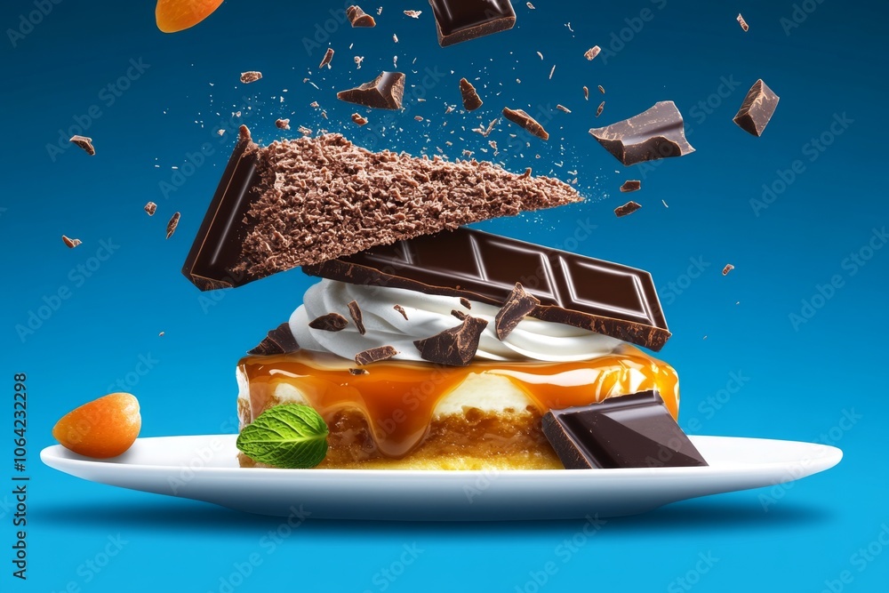 Poster simple line illustration of grated chocolate over a dessert, capturing the motion and essence of gra