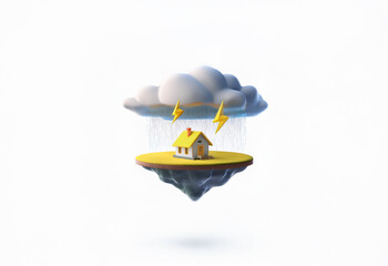 A small yellow house sits on a floating island, with a stormy gray cloud hovering above. Rain falls from the cloud and lightning bolts strike around the house.