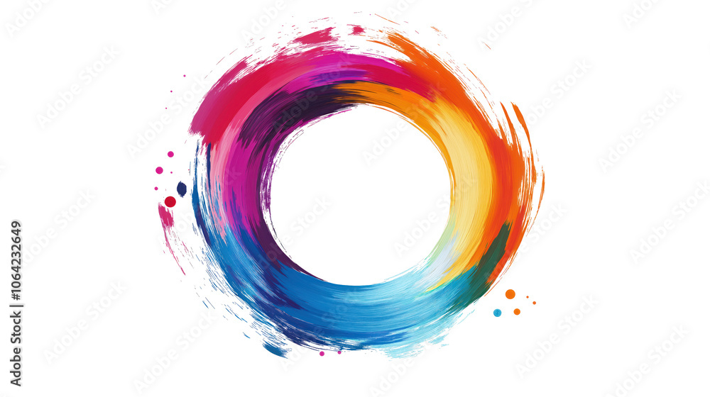 Poster Vibrant abstract art composition with large colorful circle. Mix of red, blue, yellow. Smaller circles in circular pattern create depth, complexity. Gray background provides contrast to colorful