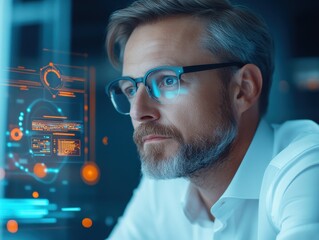Focused man with digital interface, white background