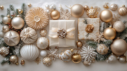 Obraz premium Elegant Christmas flat lay featuring gold and white gifts with shiny decorations, perfect for holiday cards, seasonal promotions, or new year celebrations.