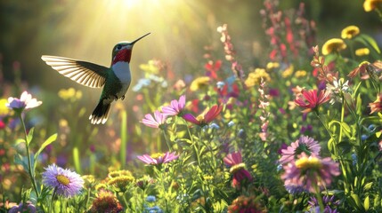 Obraz premium Hummingbird hovering next to colorful wildflowers in a sunny meadow