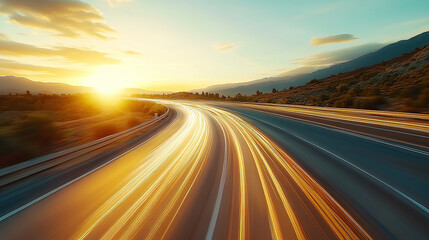 Naklejka premium Winding road with light trails at sunset, a 3D rendering illustration of asphalt and sky during the golden hour