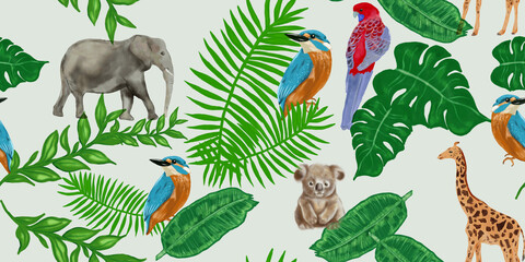 Forest seamless pattern with birds, elephants, giraffes, koalas with green leaves