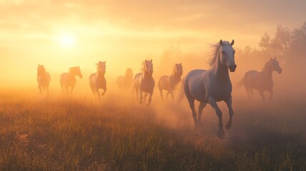 Obraz premium Herd of wild horses running across an open plain at sunrise