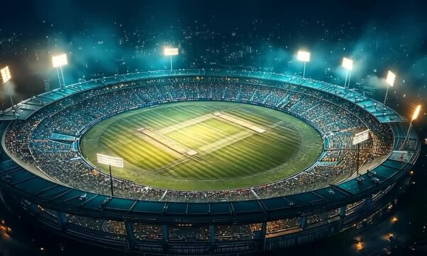 An aerial view of a brightly lit cricket stadium at night, with thousands of spectators gathered for a game.
