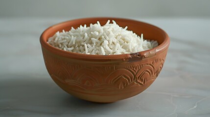 Cooked plain white basmati rice in terracotta bowl over plain or wooden background. 