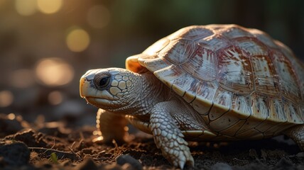 Obraz premium a rare albino tortoise that walks slowly on the ground. It's hard, intricately patterned shell provides a strong contrast to the soft, earthy background colors.