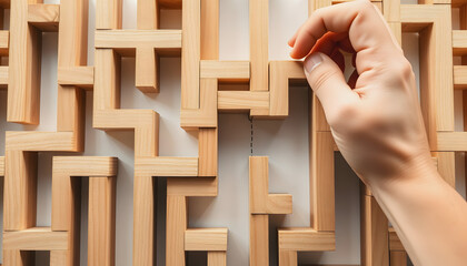 Hand draw a shorten straight line to go through the complication of a maze game, built by wood blocks, shorten process, simplify, and communication concept isolated with white shades, png