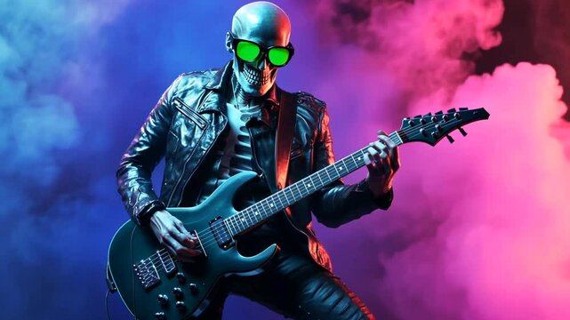 A skeletal rockstar plays an electric guitar in a stage lit with pink and green smoke.