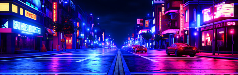A dynamic night cityscape capturing the glow of neon lights reflecting on wet streets, creating an atmosphere of energy and mystery. Perfect for projects highlighting urban nightlife, city vibes, or m
