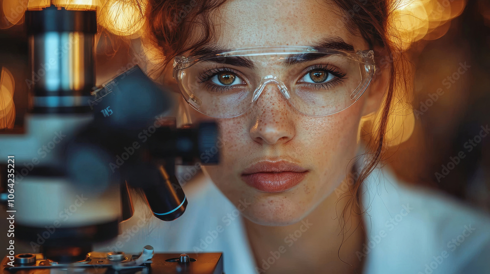 Poster close up of scientist examining slide under microscope, showcasing focus and determination. backgrou