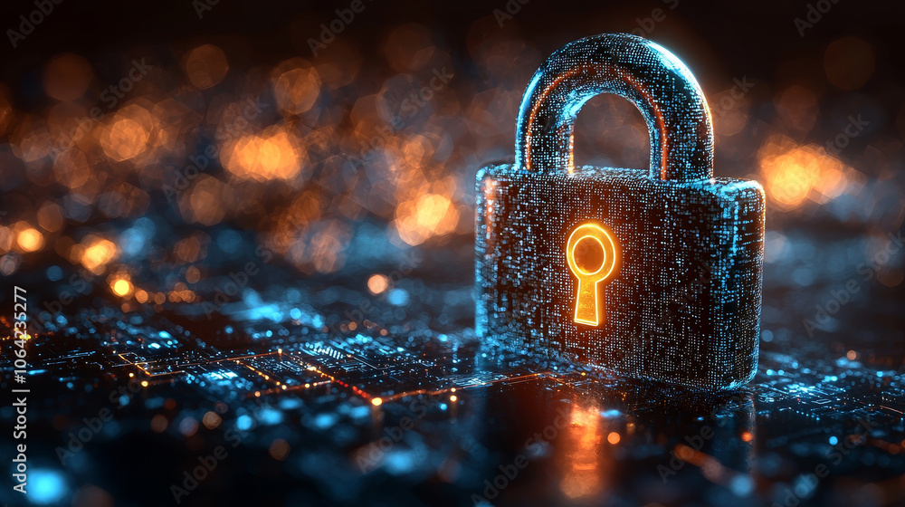 Aufkleber digital cybersecurity concept featuring holographic lock icon, symbolizing data protection and secur