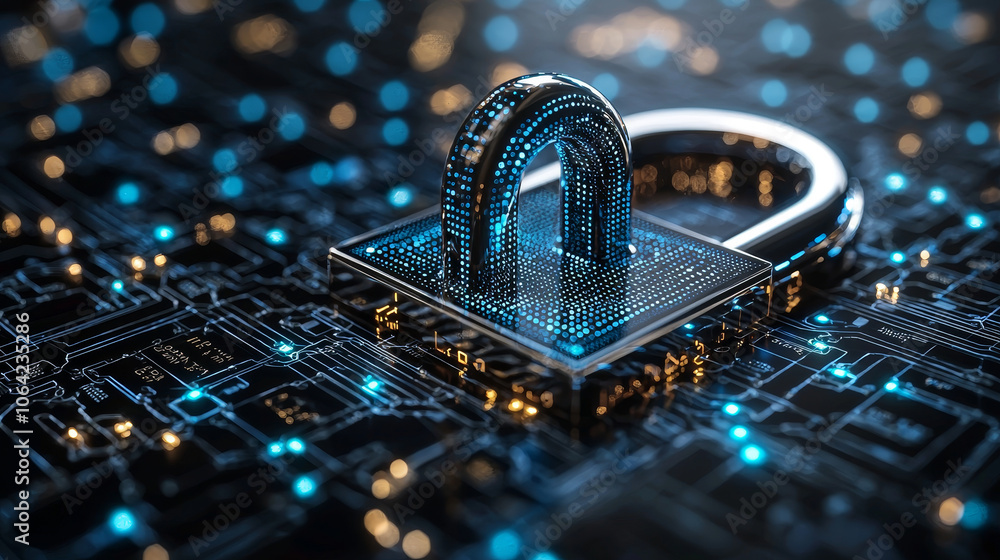 Poster digital cybersecurity concept featuring holographic lock icon on circuit board background, symbolizi