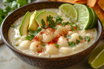 Pozole Blanco with Avocado, Cilantro, and Lime Garnish