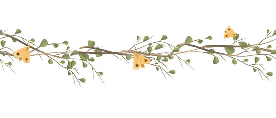 Seamless Illustration Border with Tree Branches, Leaves and Golden Butterflies, for Printing and Web Design