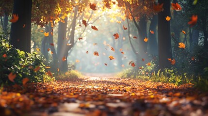 Obraz premium Serene forest path covered in autumn leaves, golden sunlight streaming in