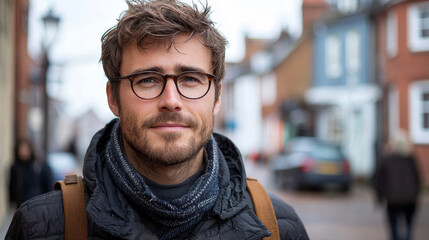 Fototapeta premium young man with glasses and scarf stands in charming street, showcasing relaxed expression. background features quaint buildings and hint of urban life