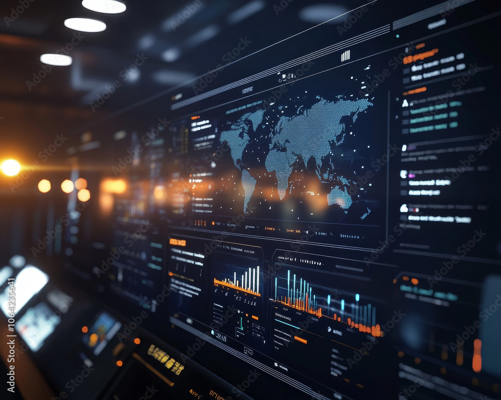 Poster digital interface displaying real time data, featuring world map and various analytics. design is modern and sleek, ideal for tech environments