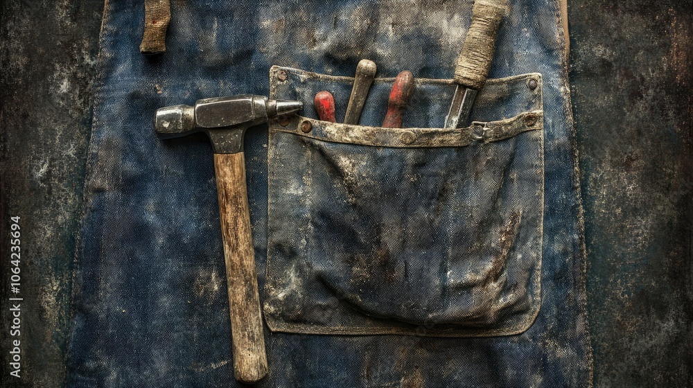 Poster Rustic Tool Apron with Hammer and Instruments