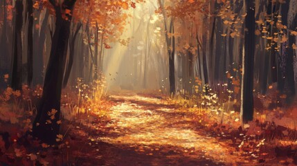 Fototapeta premium Serene forest path covered in autumn leaves, golden sunlight streaming in