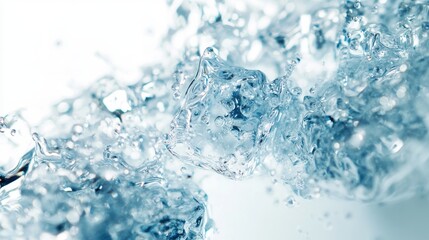 Chunks of clear ice float atop shimmering water, creating bubbles and dazzling reflections under soft lighting, evoking a refreshing and serene atmosphere for relaxation.