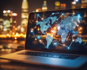 Digital platform displaying global trends in cross border e commerce, showcasing interconnected markets and technology. laptop screen illuminated against city skyline