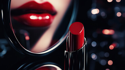 A close-up of red lipstick and a mirror reflecting the beauty of a woman's lips, with cosmetics on a dark background