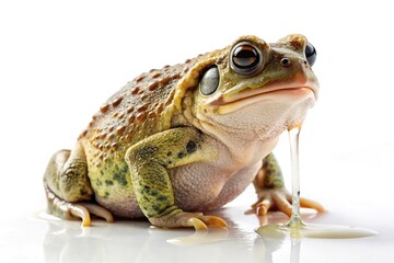 Fototapeta premium A khaki colored toad is sitting on a white background with a layer of dripping slime covering its back, slimy environment, ground texture, khaki toad, amphibian
