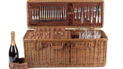 Elegant Picnic Basket with Glasses and Utensils