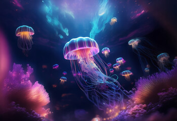 A vibrant underwater scene with glowing jellyfish swimming through a field of coral.