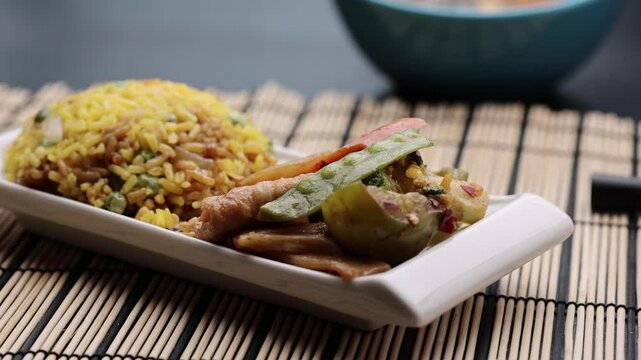 Traditional Chinese cuisine Szechuan chicken dish with scoop of yellow fried rice on asian place mat.