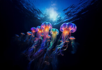Obraz premium A school of bioluminescent jellyfish swim through the dark depths of the ocean, illuminated by a sliver of sunlight piercing the surface.