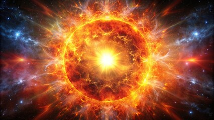A massive star exploding in a supernova explosion with bright orange and red colors spreading across the sky, celestial event, universe, astronomical phenomenon, galaxy