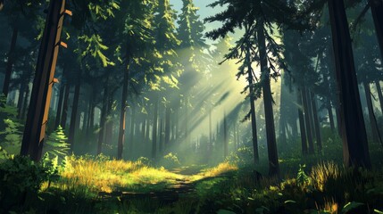 A dense forest with tall pine trees, sunlight filtering through the leaves