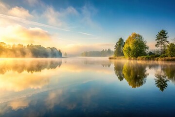 Obraz premium A misty morning with fog rolling in off the tranquil lake surface, calm, lake, peaceful, outdoors
