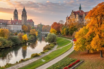 Obraz premium Picturesque German Cityscape Embraced by Vibrant Autumn Foliage Showcasing Nature's Beauty