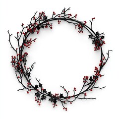 Black Holly Wreath with Red Berries on a White Background