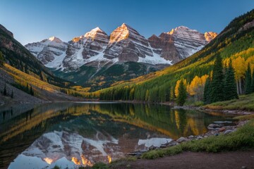 Serene View of Majestic Maroon Bells Peaks Reflected in Calm Waters Under Clear Blue Sky in Nature