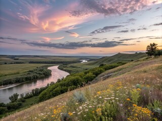 Obraz premium Soft Focus Serene Landscape at Sunset with a Beautiful Pastel Gradient Sky Over Calm Waters