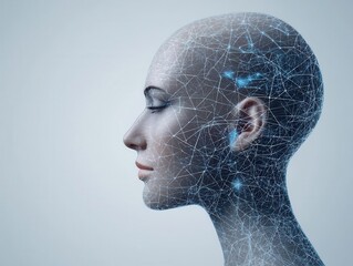 Obraz premium A futuristic portrait of a female figure with a network-like texture, symbolizing the connection between technology and human identity.