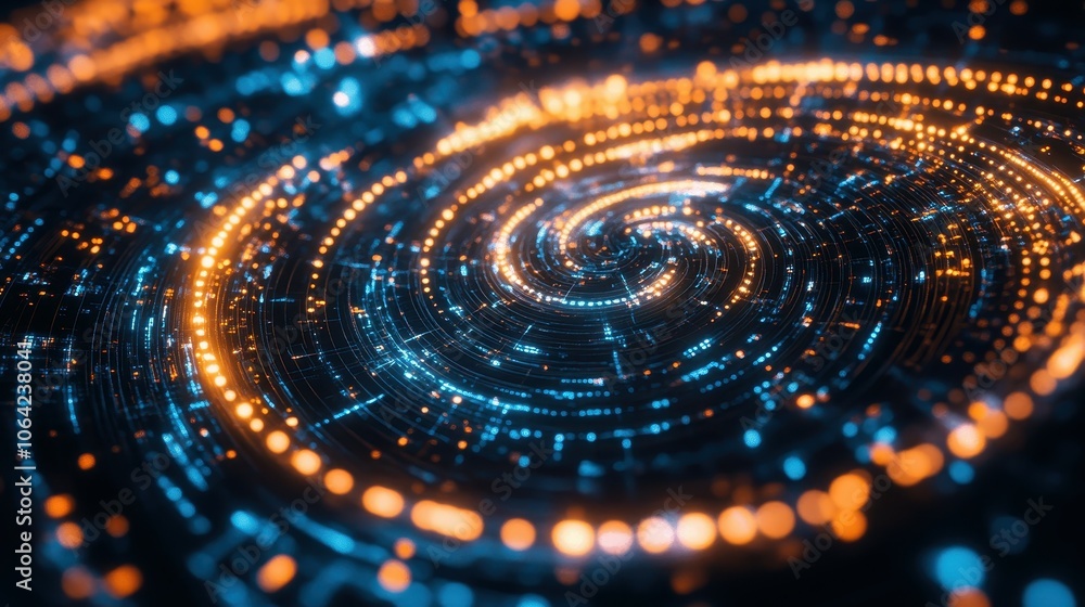 Poster explore the beauty of abstract graphics featuring spiraling neon lights and dynamic patterns