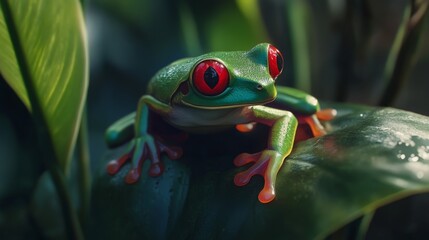 close-up of a green tree frog with striking red eyes on a leaf
