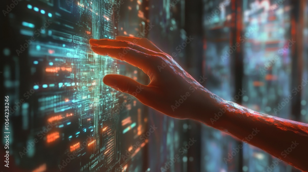 Poster explore the future of virtual interaction with a hand reaching out to touch holographic data