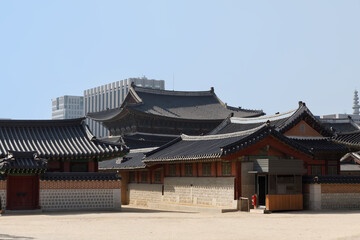 Naklejka premium Traditional Architecture in Gyeongbokgung Palace. Seoul, Korea